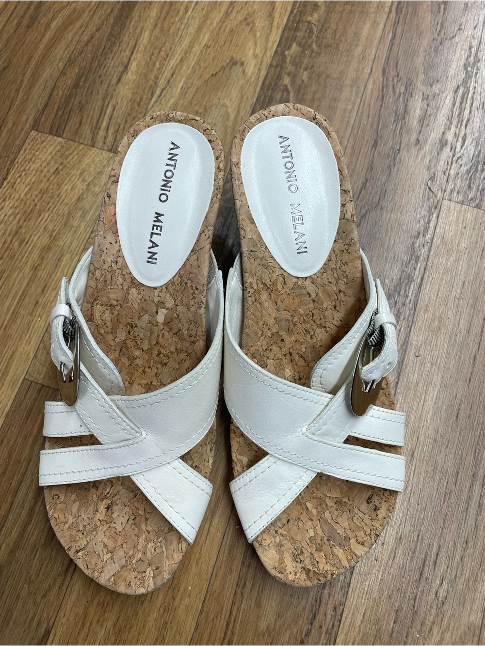 ANTONIO MELANI White Leather Cork Wedge Slide Sandals